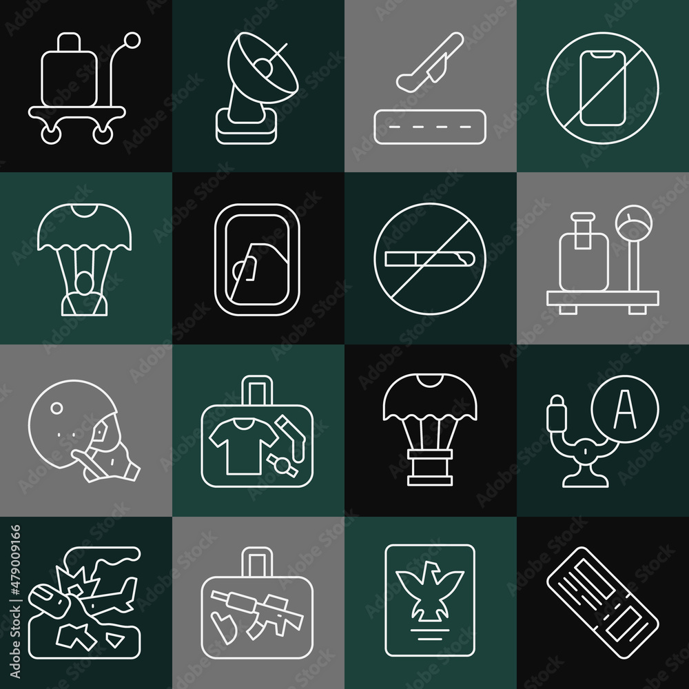 Set line Airline ticket, Aircraft steering helm, Scale with suitcase, Plane takeoff, Airplane window, Parachute, Trolley baggage and No Smoking icon. Vector Set line Airline ticket, Aircraft steering helm, Scale with suitcase, Plane takeoff, Airplane window, Parachute, Trolley baggage and No Smoking icon. Vector