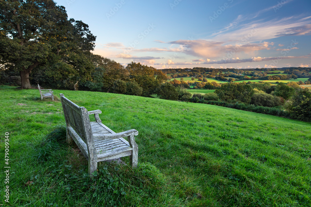 Wooden bench looking over green field countryside of High Weald on summer evening, Burwash, East Sussex Wooden bench looking over green field countryside of High Weald on summer evening, Burwash, East Sussex