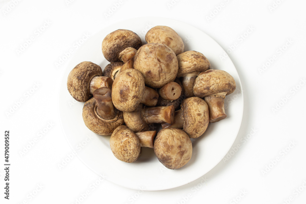 Boiled mushrooms on a white background. Boiled champignons on a white plate. Healthy diet Boiled mushrooms on a white background. Boiled champignons on a white plate. Healthy diet