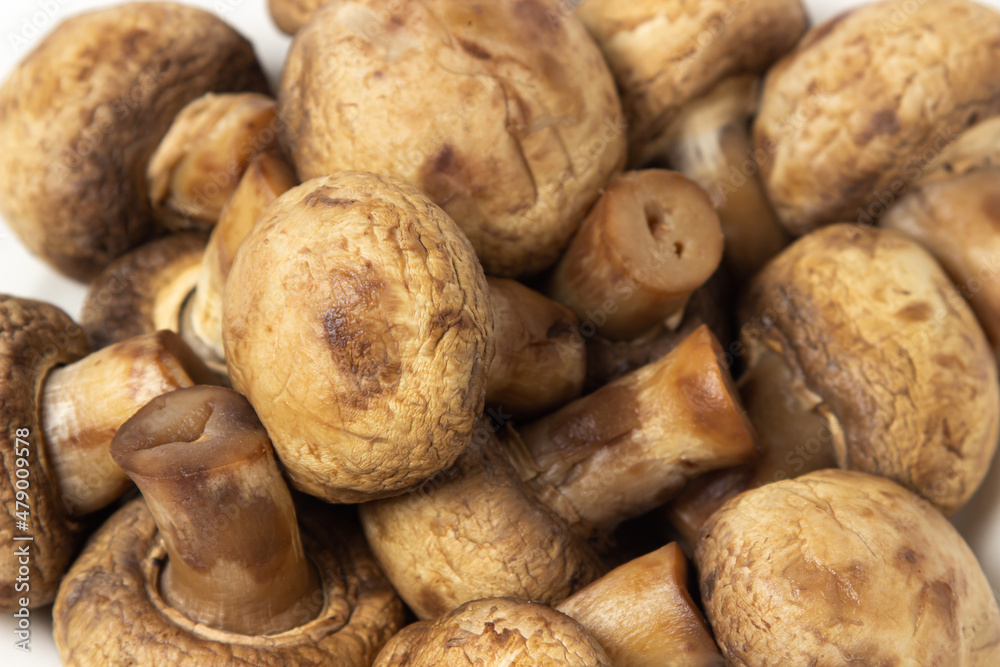 Boiled mushrooms on a white background. Boiled champignons on a white plate. Healthy diet Boiled mushrooms on a white background. Boiled champignons on a white plate. Healthy diet