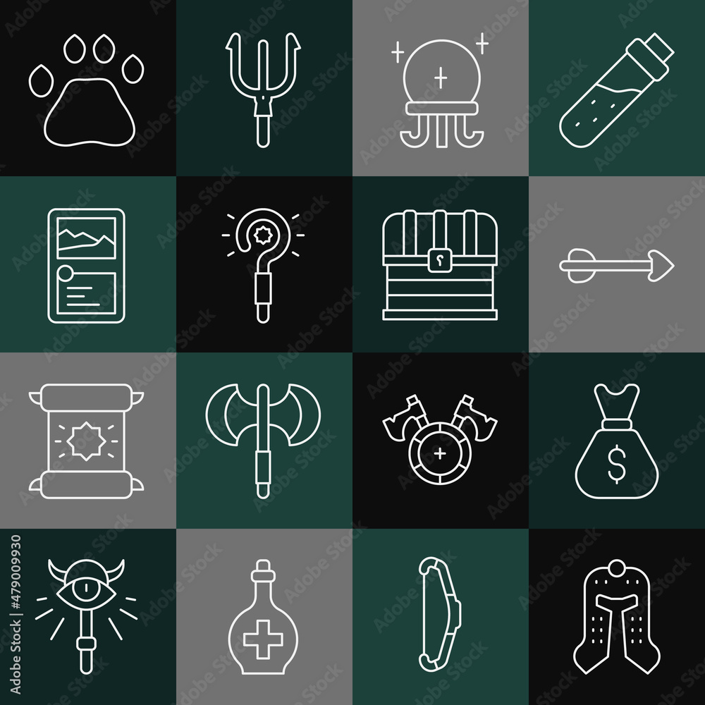 Set line Medieval helmet, Old money bag, Arrow, Magic ball, wand, Card game collection, Bear paw footprint and Chest icon. Vector Set line Medieval helmet, Old money bag, Arrow, Magic ball, wand, Card game collection, Bear paw footprint and Chest icon. Vector