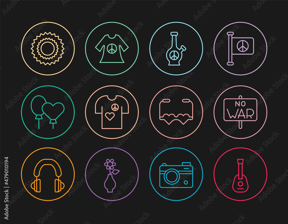 Set line Guitar, No war, Bong, Peace t-shirt print stamp, Balloons, Sun, Heart shaped love glasses and dress icon. Vector Set line Guitar, No war, Bong, Peace t-shirt print stamp, Balloons, Sun, Heart shaped love glasses and dress icon. Vector