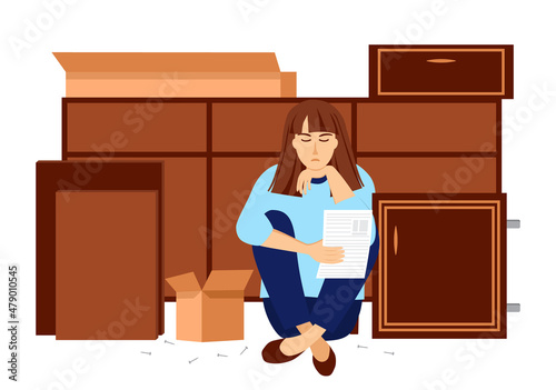 Sad girl is sitting next to a disassembled cabinet and reading the instructions for assembling furniture. Packing boxes are lying nearby. Vector Illustration in flat style on white background.