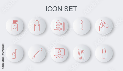 Set line Nail manicure, Toe separator for pedicure, cutter, Tube of hand cream, Cuticle pusher and Manicure icon. Vector