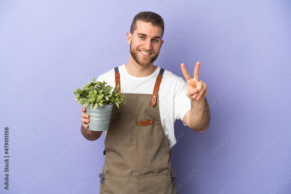 Gardener caucasian man holding a plant isolated on yellow background smiling and showing victory sign Gardener caucasian man holding a plant isolated on yellow background smiling and showing victory sign