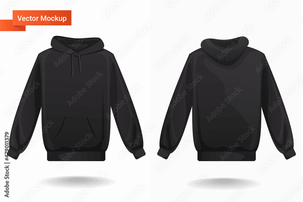 Hoodie jacket vector art template mockup , hoodie with long sleeves,  kangaroo muff pocket and drawstrings. sports, casual , black sweatshirt  Stock Vector | Adobe Stock