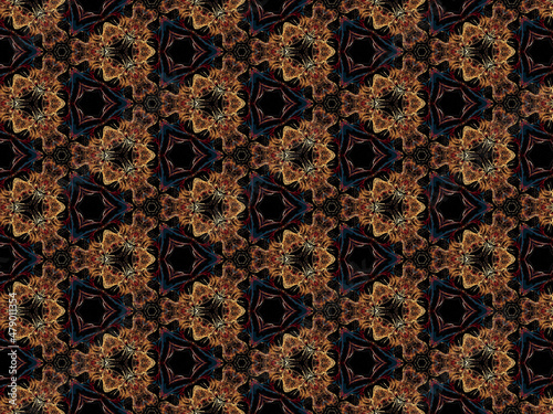 Luxurious and exquisite golden lace pattern on black background. Repeating pattern for glamourous textile surface design.