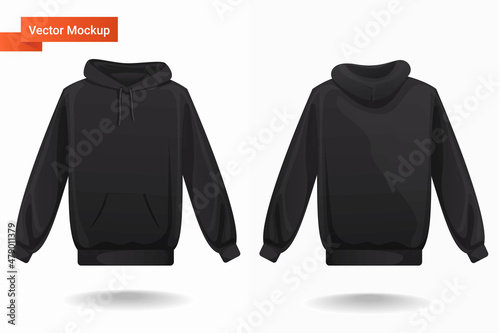 Hoodie jacket vector art template mockup , hoodie with long sleeves, kangaroo muff pocket and drawstrings. sports, casual , black sweatshirt 
