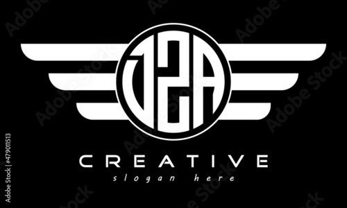 DZA three letter monogram type circle letter logo with wings vector template.