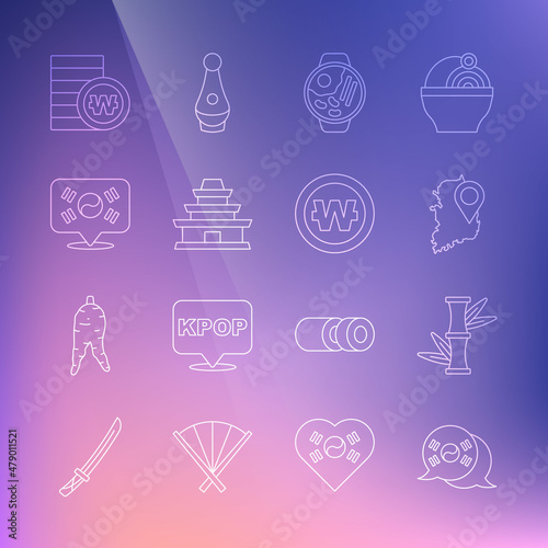 Set line South Korea flag, Bamboo, map, Ramen, Korean temple, Location, won coin and icon. Vector