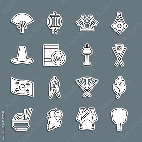 Set line Korean hand fan, Kimchi, Sushi with chopsticks, Kimono, South won coin, hat, Traditional and N Seoul tower icon. Vector