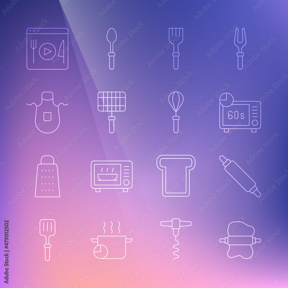 Set line Rolling pin on dough, Microwave oven, Fork, Barbecue steel grid, Kitchen apron, Cooking live streaming and whisk icon. Vector Set line Rolling pin on dough, Microwave oven, Fork, Barbecue steel grid, Kitchen apron, Cooking live streaming and whisk icon. Vector