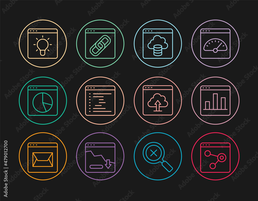 Set line Browser window, Graph chart infographic, Cloud technology data transfer, upload and icon. Vector Set line Browser window, Graph chart infographic, Cloud technology data transfer, upload and icon. Vector