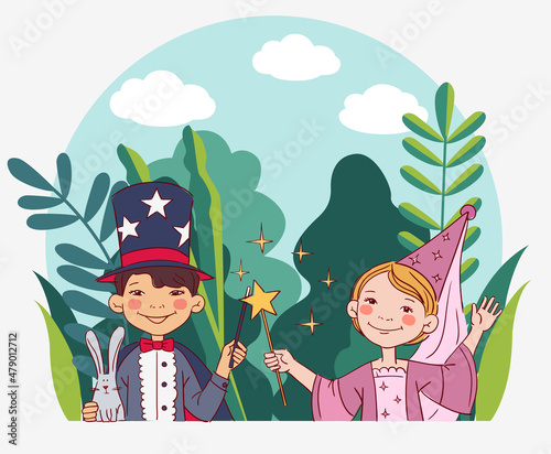 Cute kids in carnival costumes. Vector illustration
