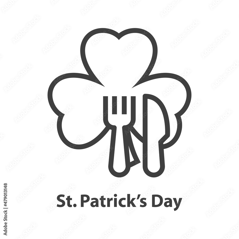 Comida irlandesa. Logotipo con texto St Patrick's Day con trebol y cubiertos con líneas en color gris