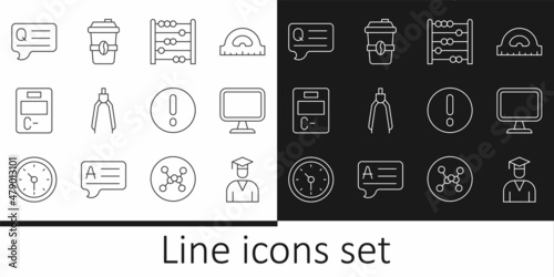 Set line Graduate and graduation cap, Computer monitor, Abacus, Drawing compass, Exam paper with incorrect answers, Speech bubbles Question, Exclamation and Coffee cup go icon. Vector