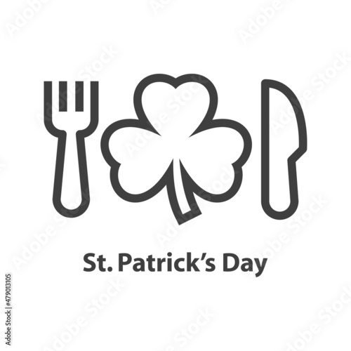 Comida irlandesa. Logotipo con texto St Patrick's Day con trebol y cubiertos con líneas en color gris