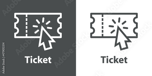 Logo compra entrada online. Icono ticket con flecha como cursor con líneas en fondo gris y fondo blanco