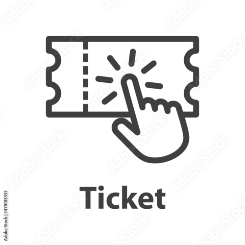 Logo compra entrada online. Icono ticket con mano como cursor con líneas en color gris