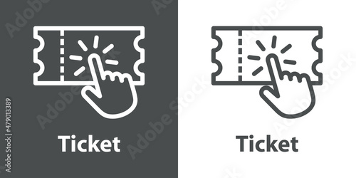Logo compra entrada online. Icono ticket con mano como cursor con líneas en fondo gris y fondo blanco
