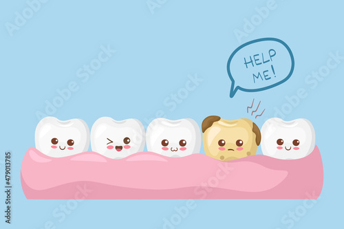 Kawaii white teeth vector illustration. Healthy teeth in gum and aching tooth with caries. Cute cartoon characters. Use for treatment, oral hygiene, dental care poster, teeth care, children print.
