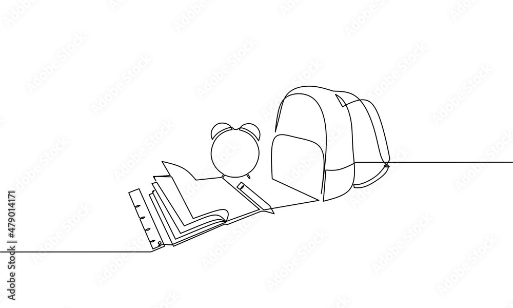 Continuous line drawing of book, pencil, bag, ruler and alarm, back to school, object one line, single line art, vector illustration Continuous line drawing of book, pencil, bag, ruler and alarm, back to school, object one line, single line art, vector illustration