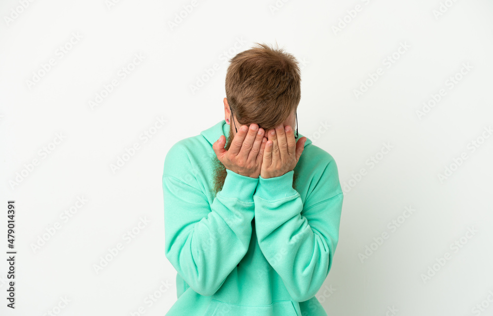 Young reddish caucasian man isolated on white background with tired and sick expression Young reddish caucasian man isolated on white background with tired and sick expression
