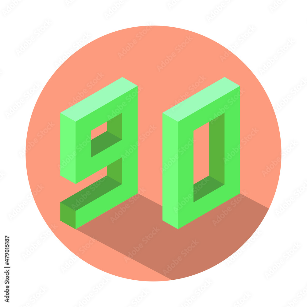 Isometric green number 90 with shadow in Light Salmon color circle Isometric green number 90 with shadow in Light Salmon color circle