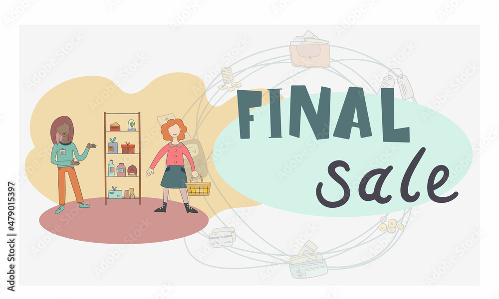 Discount of goods concept in flat style. Shoppers view discount sales propositions scene. Seasonal discounting, special offer and retail advertising. Vector illustration in cartoon style