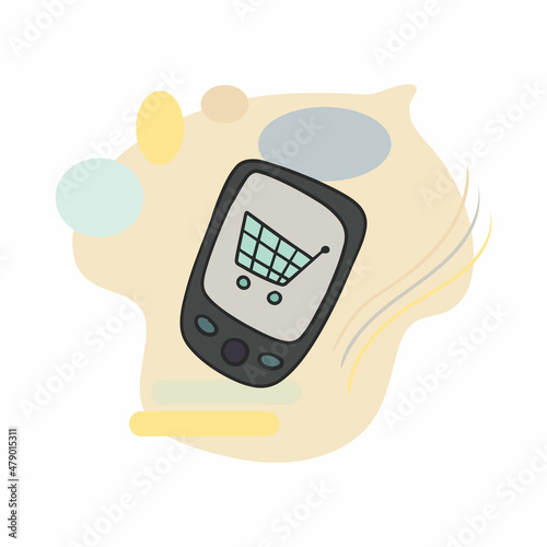 Online phone shopping. Different stuff from local market. Colored trendy vector illustration. Cartoon style. Flat design