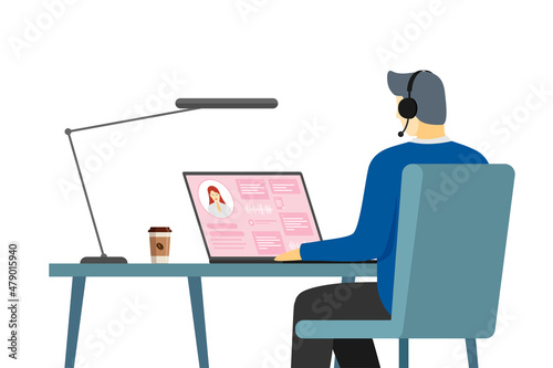 Call center operator man and customer information on laptop screen. Male hotline or cold calling employee. Online support department staff, telemarketing, consultation and assistance centre hot line