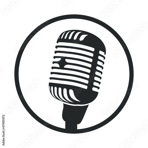 Vintage retro michrophone icon. Old school mic vector illustration. graphic black logo sticker classic style microphone silhouette. Voice recorder sign. Sound technology isolated white background