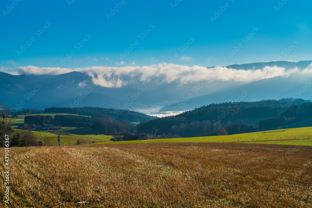 Germany, Black forest panorama nature landscape of foggy clouds in valley on sunny day in tourism region perfect for hiking Germany, Black forest panorama nature landscape of foggy clouds in valley on sunny day in tourism region perfect for hiking