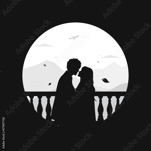 couple silhouette vector design on the edge of the mountain kissing passionately