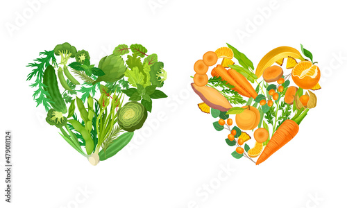 Fruit and Vegetable Heart with Bright Ripe Vitaminic Crop Vector Set