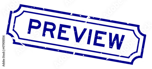 Grunge blue preview word rubber seal stamp on white background