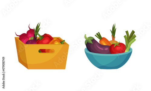 Crate and Bowl Full of Fresh Vegetable from Greengrocery Vector Set