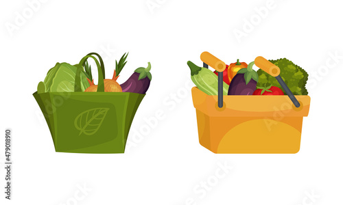 Bag and Basket Full of Fresh Vegetable from Greengrocery Vector Set