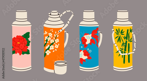 Vintage vacuum bottles. Thermos with aluminum cover and handle. Chinese retro thermo flask. Different patterns on side: flowers, fish, bloom, bamboo. Hand drawn Vector illustration. Cartoon style