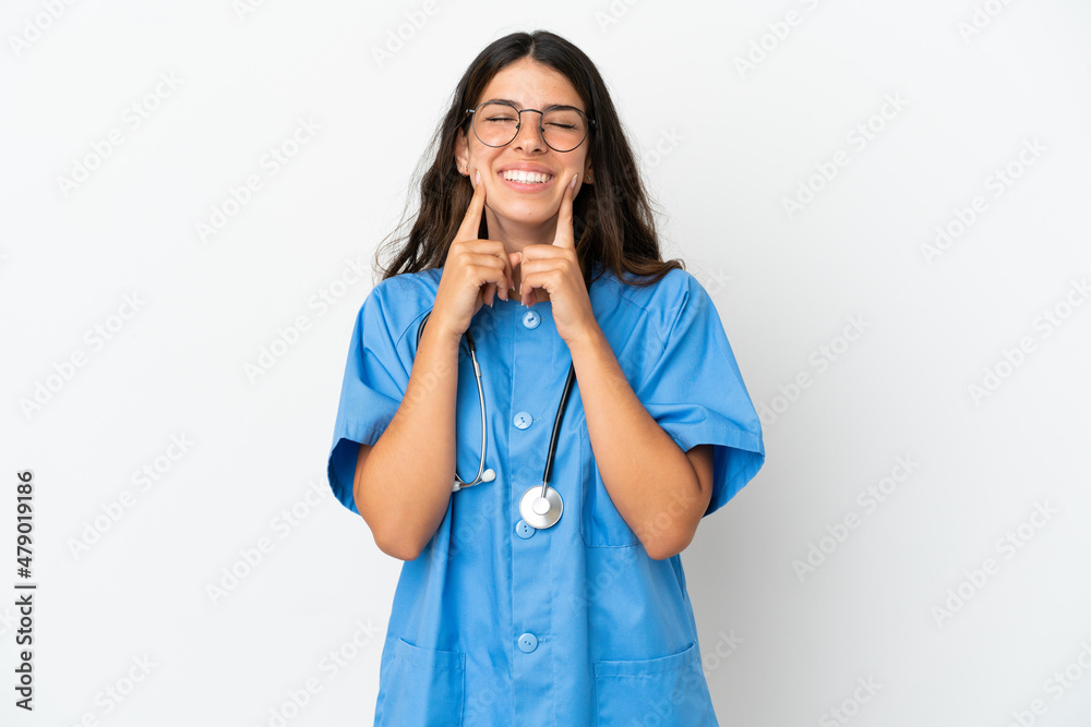 Young surgeon doctor caucasian woman isolated on white background smiling with a happy and pleasant expression Young surgeon doctor caucasian woman isolated on white background smiling with a happy and pleasant expression
