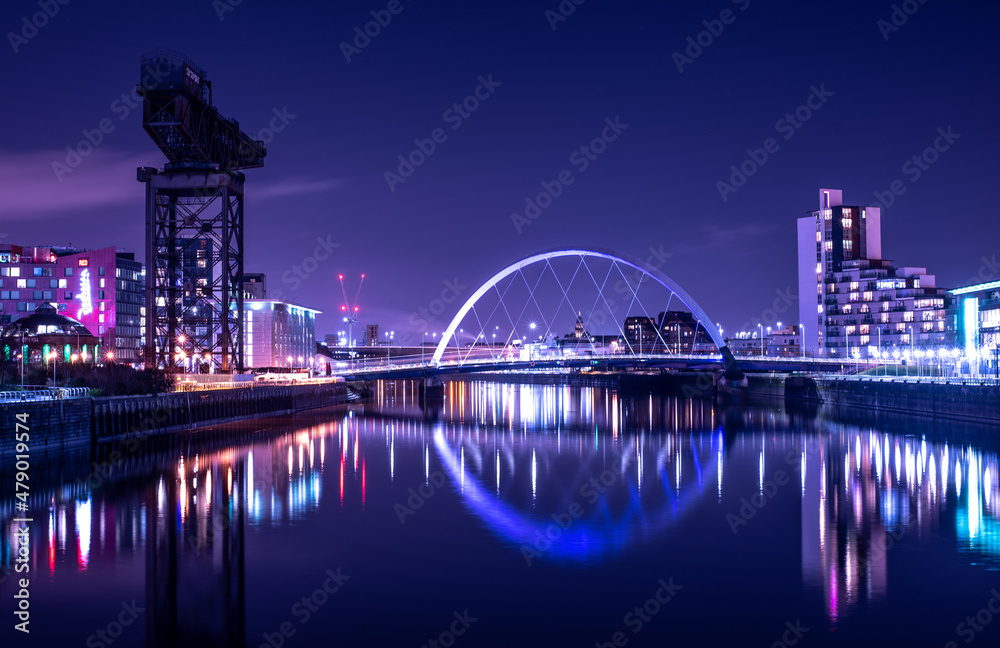 City Riverscape at Night with reflections and purple light