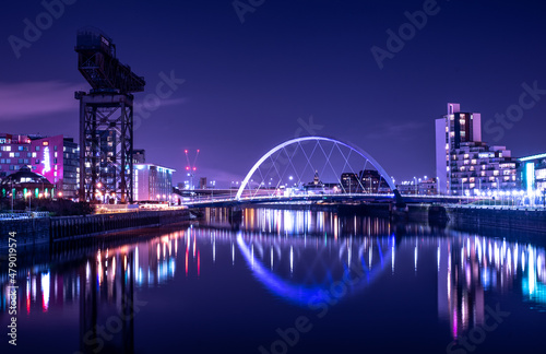 City Riverscape at Night with reflections and purple light