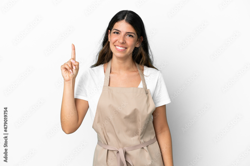 Restaurant waiter over isolated white background showing and lifting a finger in sign of the best Restaurant waiter over isolated white background showing and lifting a finger in sign of the best