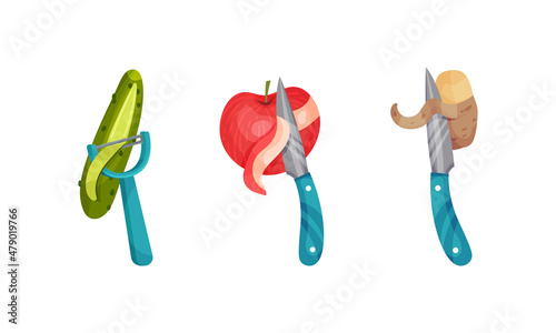 Peeling Cucumber, Apple and Potato with Knife as Vegetable Cooking Process Vector Set