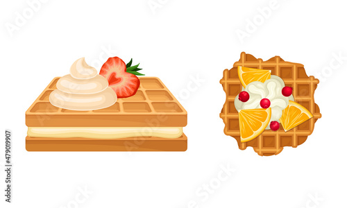 Waffle with Surface Impression Topped with Berry and Whipped Cream Vector Set