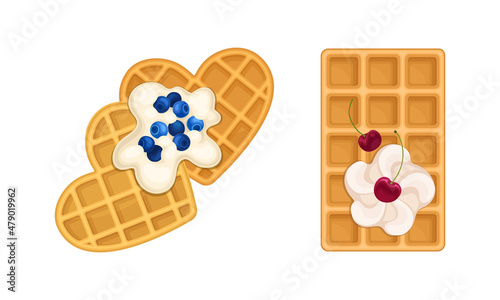 Waffle with Surface Impression Topped with Berry and Cream Vector Set