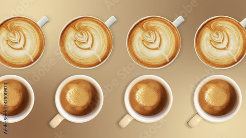 two lines with many cups of cappuccino and americano animated in different direction on a natural beige background.  Coffee for breakfast or coffee shop concept