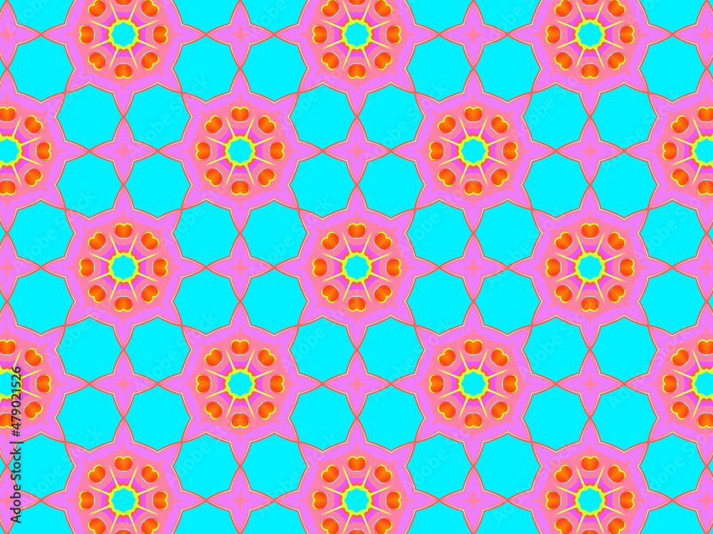 Modern colorful and vibrant pattern with abstract flowers in pink, teal and blue colors. Surface design for spring / summer textile, fashionable packaging, wrapping/tissue paper.