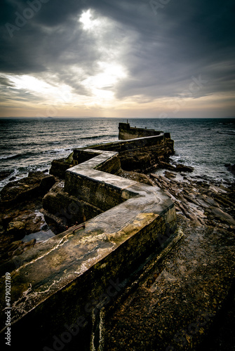 St Monan s Pier   Anstruther  Scotland - East Neuk Fife - Dramatic Sunset Conditions looking out over the sea wall in St Monans. 