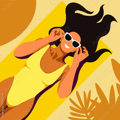 vector illustration on the theme of summer holidays. beautiful young tanned girl in a yellow swimsuit sunbathes on the beach. useful for advertising summer vacations, resorts, hotels, beaches, print
